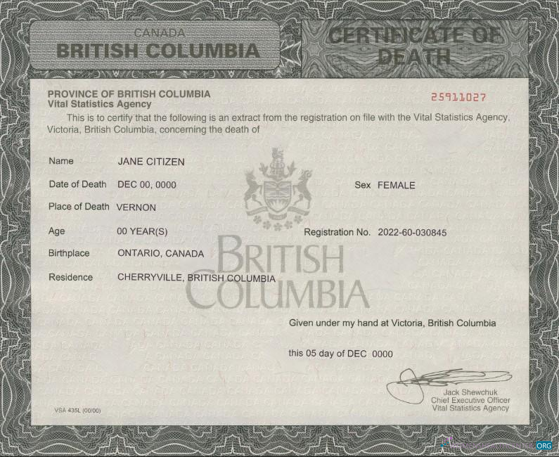 Download Canada British Columbia death certificate template in PSD format Photoshop template